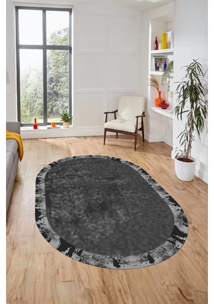 Düz Renk Sade Desen Çerçeveli Kaymaz Taban Yıkanabilir Oval Yolluk Salon Halısı, O-Sade-36-Antrasit, fiyatları