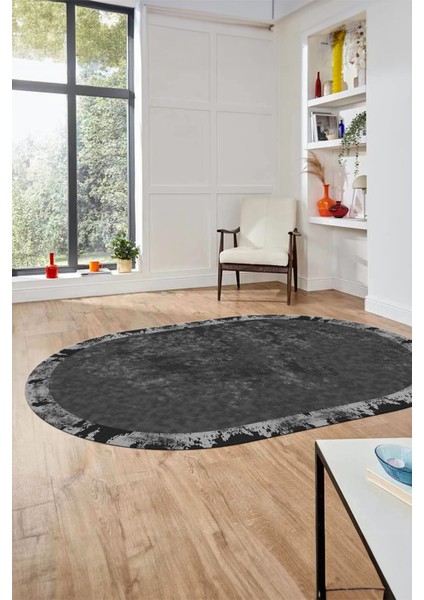 Düz Renk Sade Desen Çerçeveli Kaymaz Taban Yıkanabilir Oval Yolluk Salon Halısı, O-Sade-36-Antrasit, modelleri