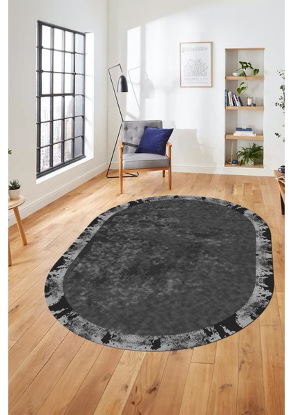 Düz Renk Sade Desen Çerçeveli Kaymaz Taban Yıkanabilir Oval Yolluk Salon Halısı, O-Sade-36-Antrasit, fırsatları