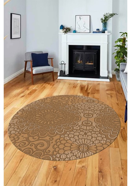 Düz Renk Sade Motifli Dijital Kaymaz Taban Yıkanabilir Yuvarlak Salon Halısı, Y-Sade-34-Kahve,