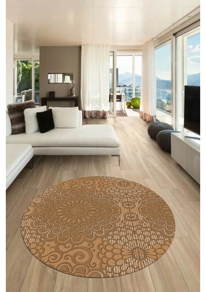 Düz Renk Sade Motifli Dijital Kaymaz Taban Yıkanabilir Yuvarlak Salon Halısı, Y-Sade-34-Kahve, indirimleri