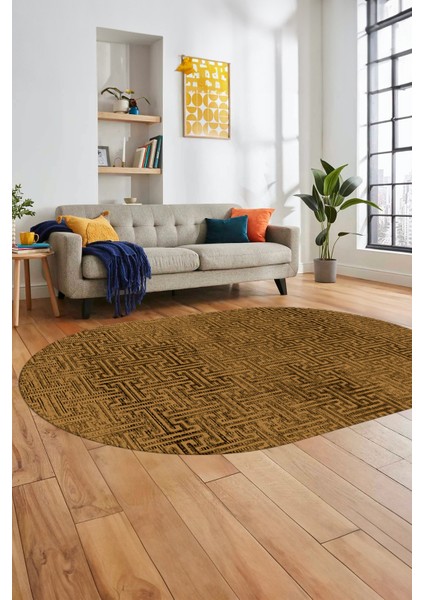 Dijital Baskı Kaymaz Yıkanabilir Sade Düz Desen Oval Yolluk Mutfak Salon Halısı, O-Sade-38-Kahve,