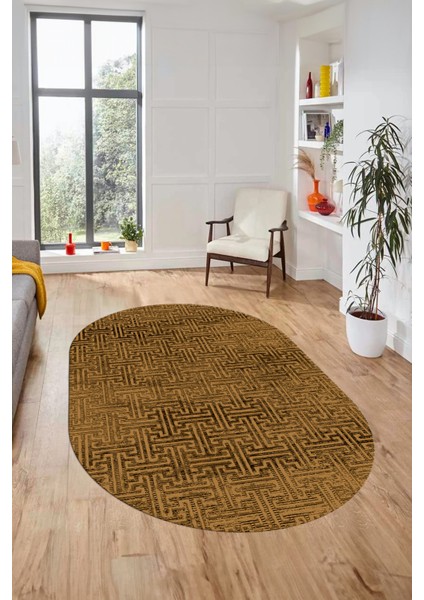 Dijital Baskı Kaymaz Yıkanabilir Sade Düz Desen Oval Yolluk Mutfak Salon Halısı, O-Sade-38-Kahve,