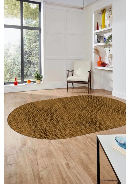 Dijital Baskı Kaymaz Yıkanabilir Sade Düz Desen Oval Yolluk Mutfak Salon Halısı, O-Sade-38-Kahve,