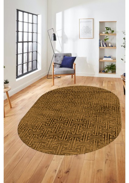 Dijital Baskı Kaymaz Yıkanabilir Sade Düz Desen Oval Yolluk Mutfak Salon Halısı, O-Sade-38-Kahve,