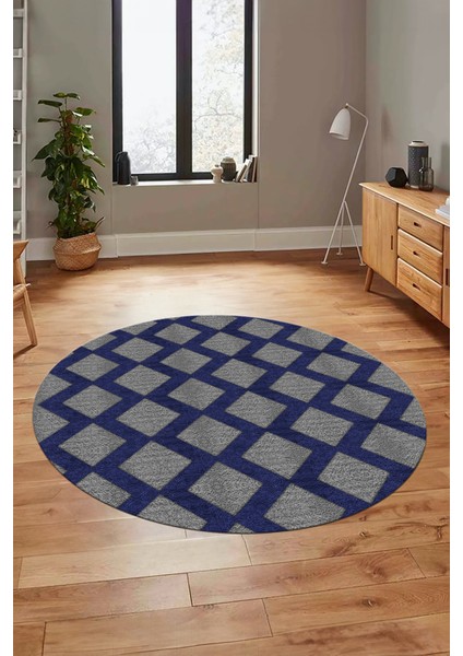 Dijital Baskı Kaymaz Yıkanabilir Sade Motifli Yuvarlak Mutfak Salon Halısı, Y-Sade-40-Mavi,