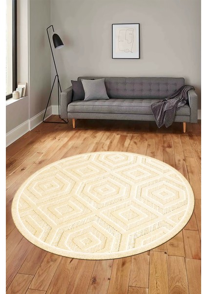 Düz Renk Sade Desen Motifli Kaymaz Taban Yıkanabilir Yuvarlak Salon Halısı, Y-Sade-26-Bej,