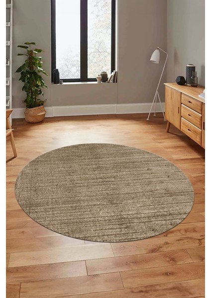 Düz Renk Sade Motifli Dijital Kaymaz Taban Yıkanabilir Yuvarlak Salon Halısı, Y-Sade-31-Kahve,