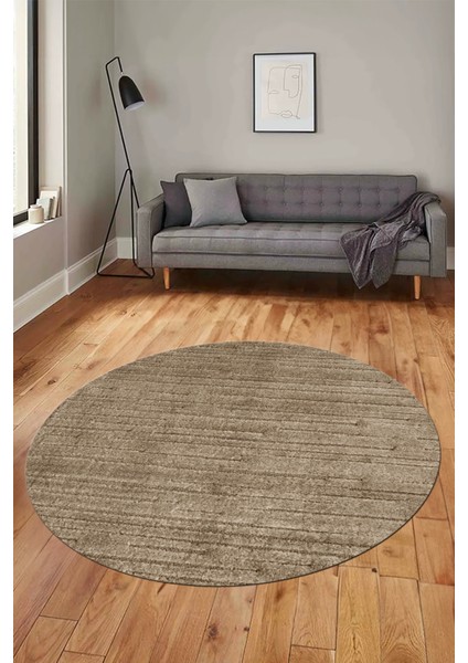 Düz Renk Sade Motifli Dijital Kaymaz Taban Yıkanabilir Yuvarlak Salon Halısı, Y-Sade-31-Kahve,