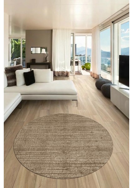 Düz Renk Sade Motifli Dijital Kaymaz Taban Yıkanabilir Yuvarlak Salon Halısı, Y-Sade-31-Kahve,