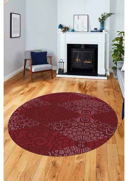 Düz Renk Sade Motifli Dijital Kaymaz Taban Yıkanabilir Yuvarlak Salon Halısı, Y-Sade-34-Bordo,