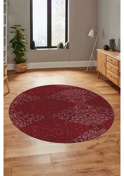 Düz Renk Sade Motifli Dijital Kaymaz Taban Yıkanabilir Yuvarlak Salon Halısı, Y-Sade-34-Bordo,