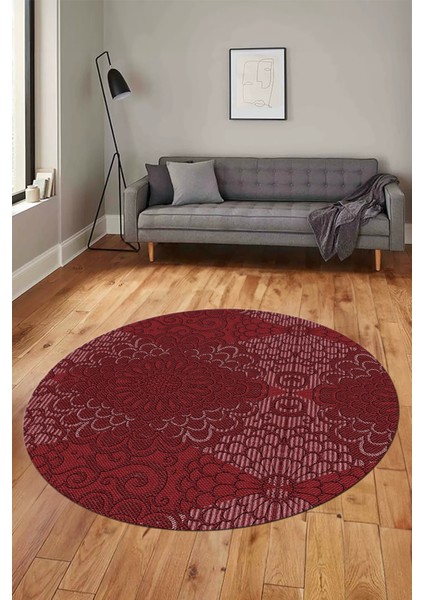 Düz Renk Sade Motifli Dijital Kaymaz Taban Yıkanabilir Yuvarlak Salon Halısı, Y-Sade-34-Bordo,