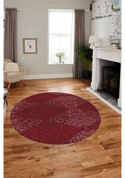 Düz Renk Sade Motifli Dijital Kaymaz Taban Yıkanabilir Yuvarlak Salon Halısı, Y-Sade-34-Bordo,