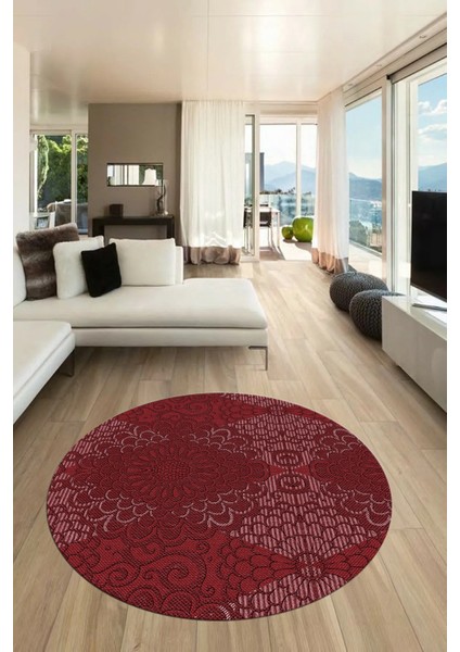 Düz Renk Sade Motifli Dijital Kaymaz Taban Yıkanabilir Yuvarlak Salon Halısı, Y-Sade-34-Bordo,