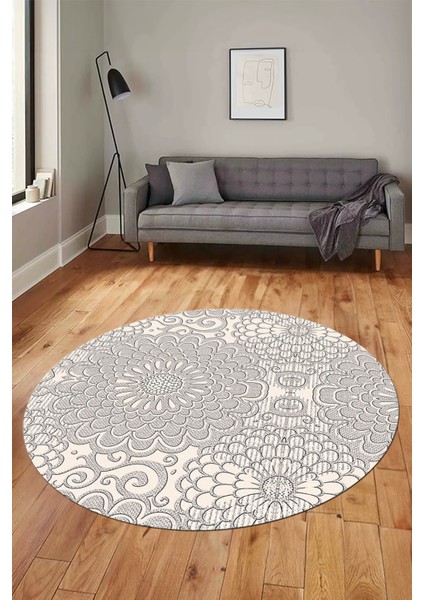 Düz Renk Sade Motifli Dijital Kaymaz Taban Yıkanabilir Yuvarlak Salon Halısı, Y-Sade-34-Krem,