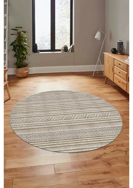 Kilim Desenli Sade Motifli Kaymaz Taban Yıkanabilir Yuvarlak Salon Halısı, Y-Sade-30-Bej,