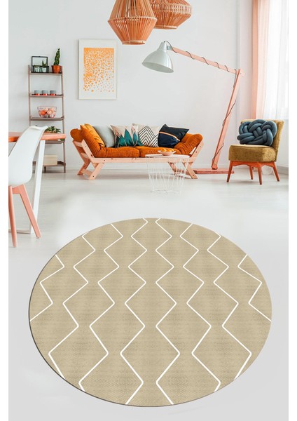 Düz Renk Dijital Kaymaz Yıkanabilir Sade Yuvarlak Mutfak Salon Halısı, Y-Sade-23-Krem,