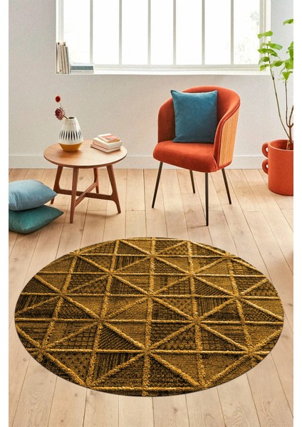 3D Dijital Kaymaz Taban Yıkanabilir Sade Motifli Yuvarlak Mutfak Salon Halısı, Y-Sade-12-Kahve,