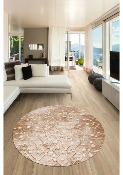 Dijital Baskı Kaymaz Yıkanabilir Sade 3D Yuvarlak Mutfak Salon Halısı, Y-Sade-48-Kahve,