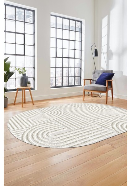 Baskılı Kaymaz Taban Yıkanabilir Sade Desen Oval Yolluk Mutfak Salon Halısı, O-Sade-01-Krem,