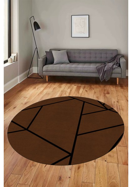 Dijital Baskı Kaymaz Yıkanabilir Sade Çizgili Yuvarlak Mutfak Salon Halısı, Y-Sade-50-Kahve,