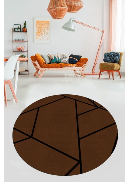 Dijital Baskı Kaymaz Yıkanabilir Sade Çizgili Yuvarlak Mutfak Salon Halısı, Y-Sade-50-Kahve, indirimleri