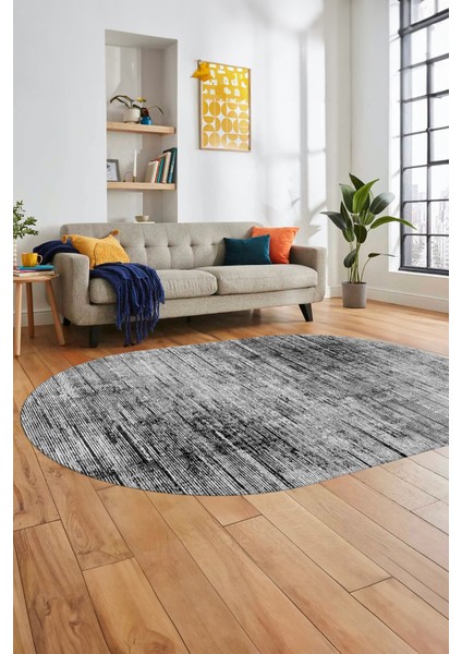 Düz Renk Sade Desen Dijital Kaymaz Taban Yıkanabilir Oval Yolluk Salon Halısı, O-Sade-37-Gri,