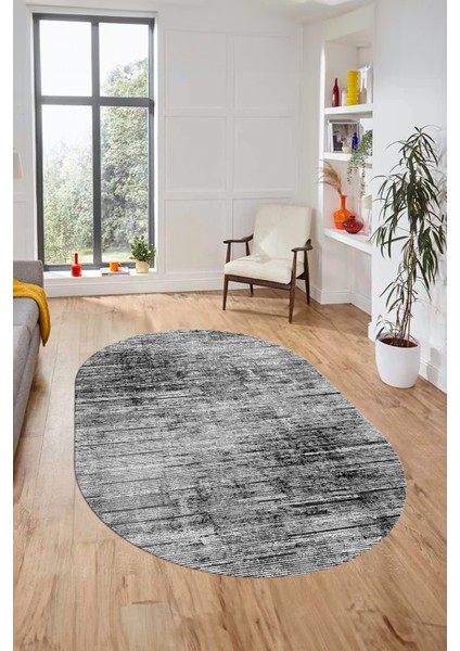 Düz Renk Sade Desen Dijital Kaymaz Taban Yıkanabilir Oval Yolluk Salon Halısı, O-Sade-37-Gri,
