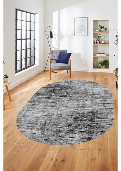Düz Renk Sade Desen Dijital Kaymaz Taban Yıkanabilir Oval Yolluk Salon Halısı, O-Sade-37-Gri,