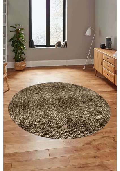 Düz Renk Sade Desenli Dijital Kaymaz Taban Yıkanabilir Yuvarlak Salon Halısı, Y-Sade-35-Kahve,