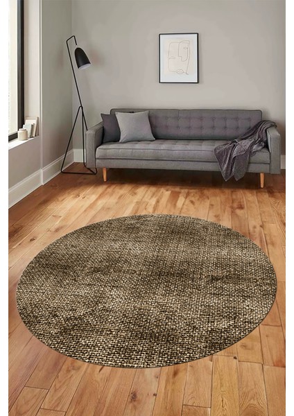 Düz Renk Sade Desenli Dijital Kaymaz Taban Yıkanabilir Yuvarlak Salon Halısı, Y-Sade-35-Kahve,