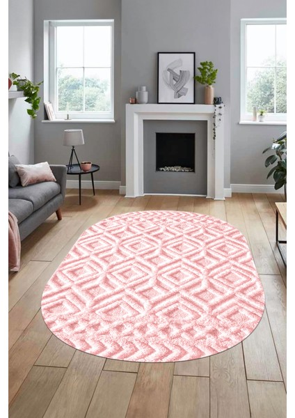 3D Baskılı Kaymaz Taban Yıkanabilir Kilim Desen Oval Yolluk Mutfak Salon Halısı, O-Sade-04-Pembe, modelleri