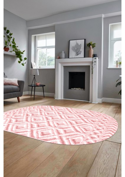 3D Baskılı Kaymaz Taban Yıkanabilir Kilim Desen Oval Yolluk Mutfak Salon Halısı, O-Sade-04-Pembe, fırsatları