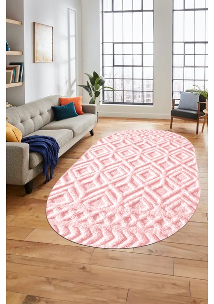 3D Baskılı Kaymaz Taban Yıkanabilir Kilim Desen Oval Yolluk Mutfak Salon Halısı, O-Sade-04-Pembe, indirimleri