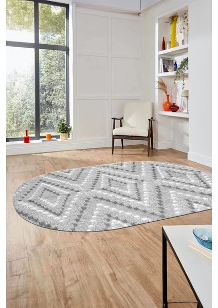 Düz Renk Sade Kilim Motifli Dijital Kaymaz Taban Yıkanabilir Oval Salon Halısı, O-Sade-33-Gri,