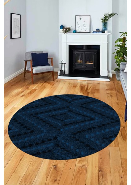 Düz Renk Sade Kilim Motifli Dijital Kaymaz Taban Yıkanabilir Yuvarlak Salon Halısı, Y-Sade-33-Mavi,