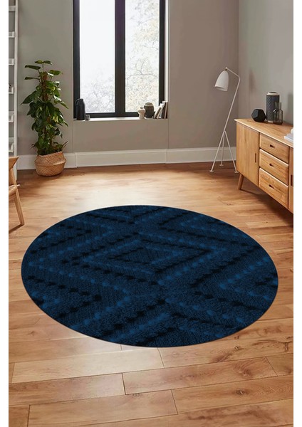 Düz Renk Sade Kilim Motifli Dijital Kaymaz Taban Yıkanabilir Yuvarlak Salon Halısı, Y-Sade-33-Mavi,