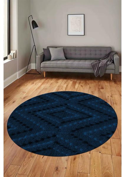 Düz Renk Sade Kilim Motifli Dijital Kaymaz Taban Yıkanabilir Yuvarlak Salon Halısı, Y-Sade-33-Mavi,