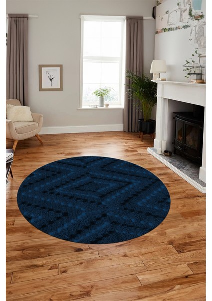 Düz Renk Sade Kilim Motifli Dijital Kaymaz Taban Yıkanabilir Yuvarlak Salon Halısı, Y-Sade-33-Mavi,