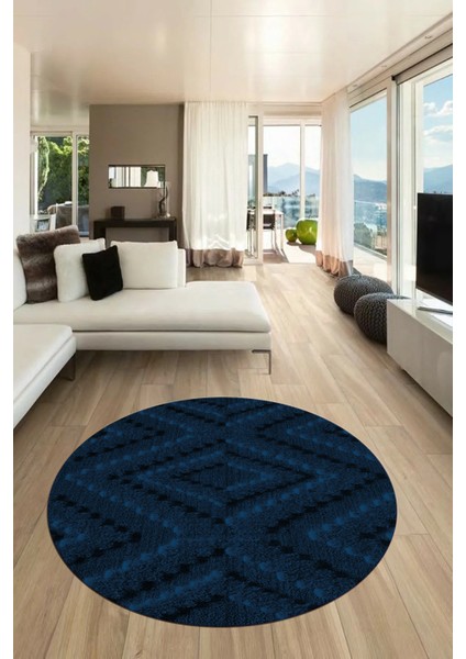 Düz Renk Sade Kilim Motifli Dijital Kaymaz Taban Yıkanabilir Yuvarlak Salon Halısı, Y-Sade-33-Mavi,