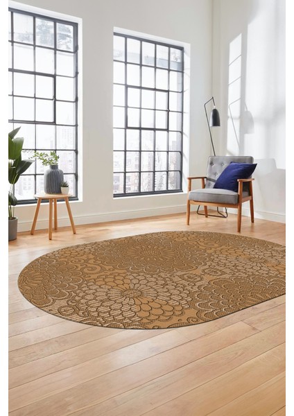 Düz Renk Sade Motifli Dijital Kaymaz Taban Yıkanabilir Oval Yolluk Salon Halısı, O-Sade-34-Kahve, indirimleri