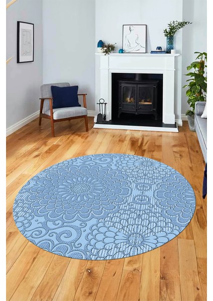Düz Renk Sade Motifli Dijital Kaymaz Taban Yıkanabilir Yuvarlak Salon Halısı, Y-Sade-34-Mavi,