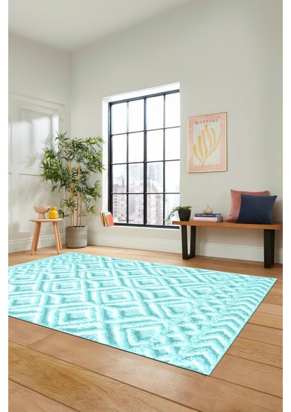 3D Dijital Kaymaz Taban Yıkanabilir Kilim Desen Yolluk Mutfak Salon Halısı, Sade-04-Mavi,