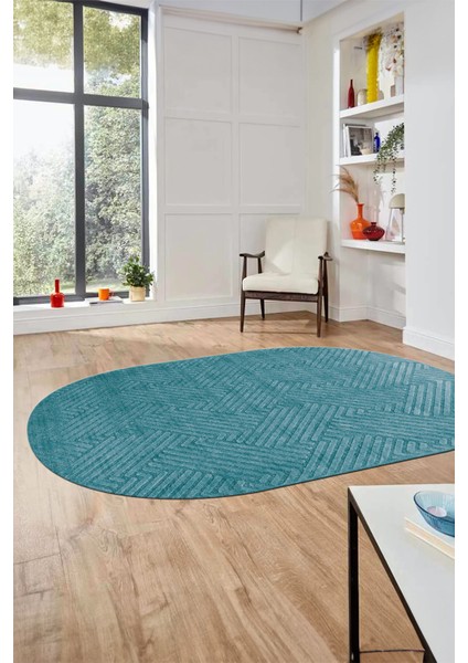 Dijital Baskı Kaymaz Yıkanabilir Sade Desen Oval Yolluk Koridor Salon Halısı, O-Sade-47-Mavi,