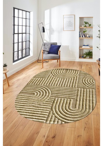 Baskılı Kaymaz Taban Yıkanabilir Sade Desen Oval Yolluk Mutfak Salon Halısı, O-Sade-01-Kahve,