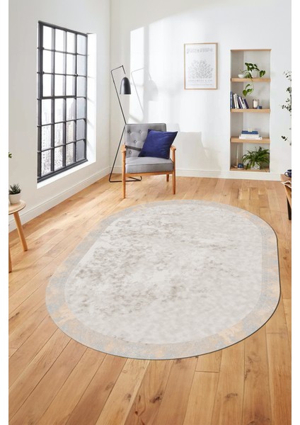 Düz Renk Sade Desen Çerçeveli Kaymaz Taban Yıkanabilir Oval Yolluk Salon Halısı, O-Sade-36-Krem, fırsatları