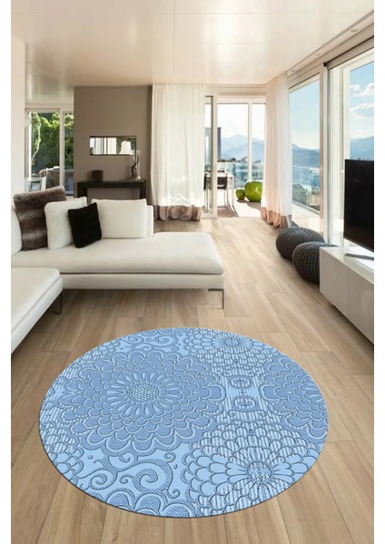 Düz Renk Sade Motifli Dijital Kaymaz Taban Yıkanabilir Yuvarlak Salon Halısı, Y-Sade-34-Mavi, indirimleri