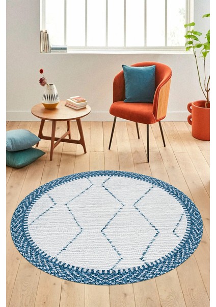 Dijital Kaymaz Taban Yıkanabilir Sade Kilim Desen Yuvarlak Mutfak Salon Halısı, Y-Sade-17-Mavi,