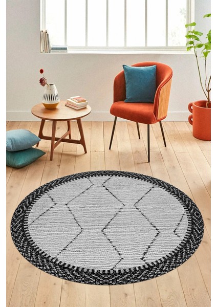 Dijital Kaymaz Taban Yıkanabilir Sade Kilim Desen Yuvarlak Mutfak Salon Halısı, Y-Sade-17-Siyah,